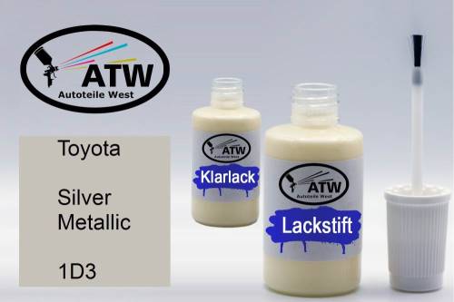 Toyota, Silver Metallic, 1D3: 20ml Lackstift + 20ml Klarlack - Set, von ATW Autoteile West.